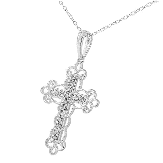 round cut diamond art deco style cross 18" pendant necklace